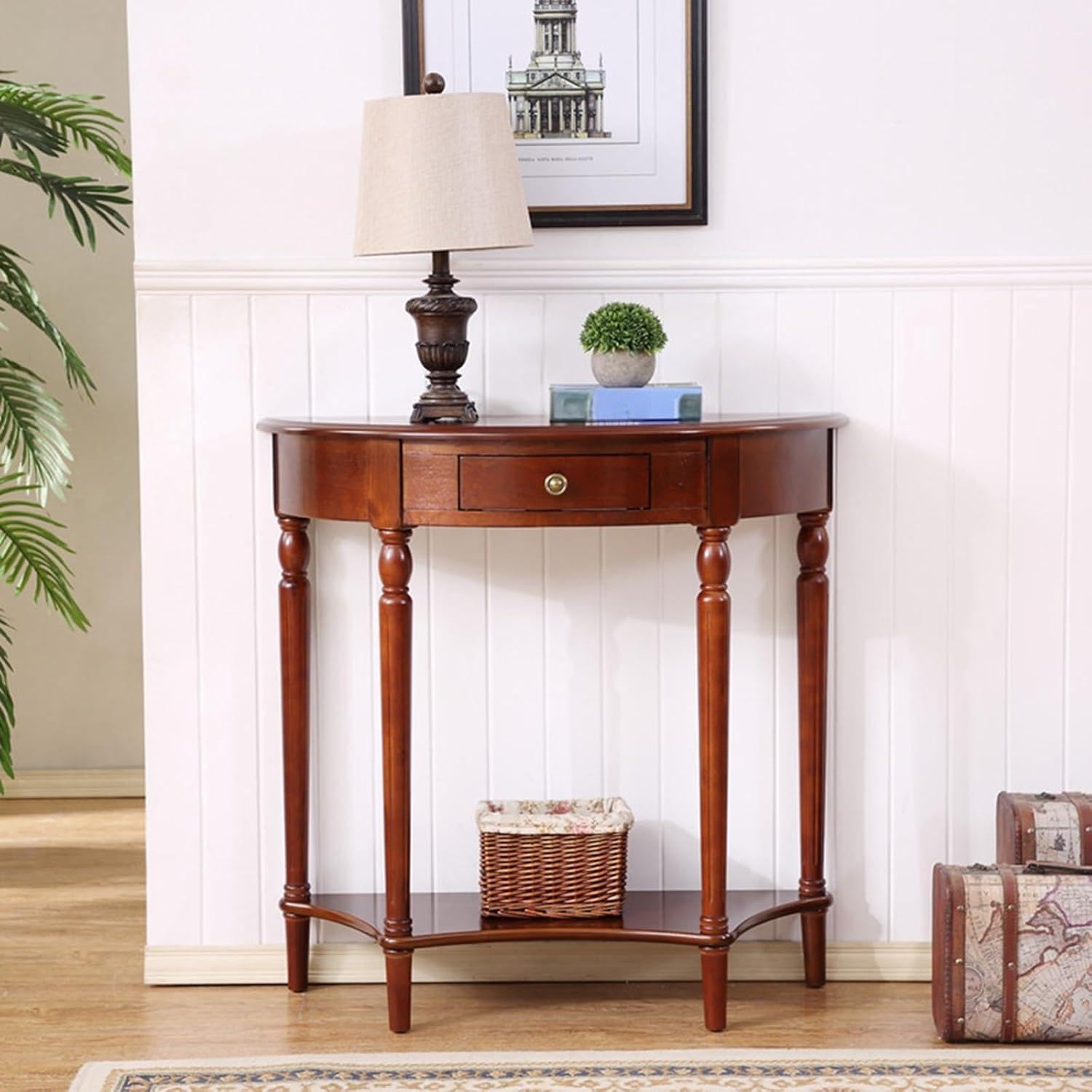 Massivholz Konsolentisch mit Schubladen & Ablage, 2-stöckiger Halbrund-Eingangstisch, Eleganter Vintage Sofatisch für Wohnzimmermöbel