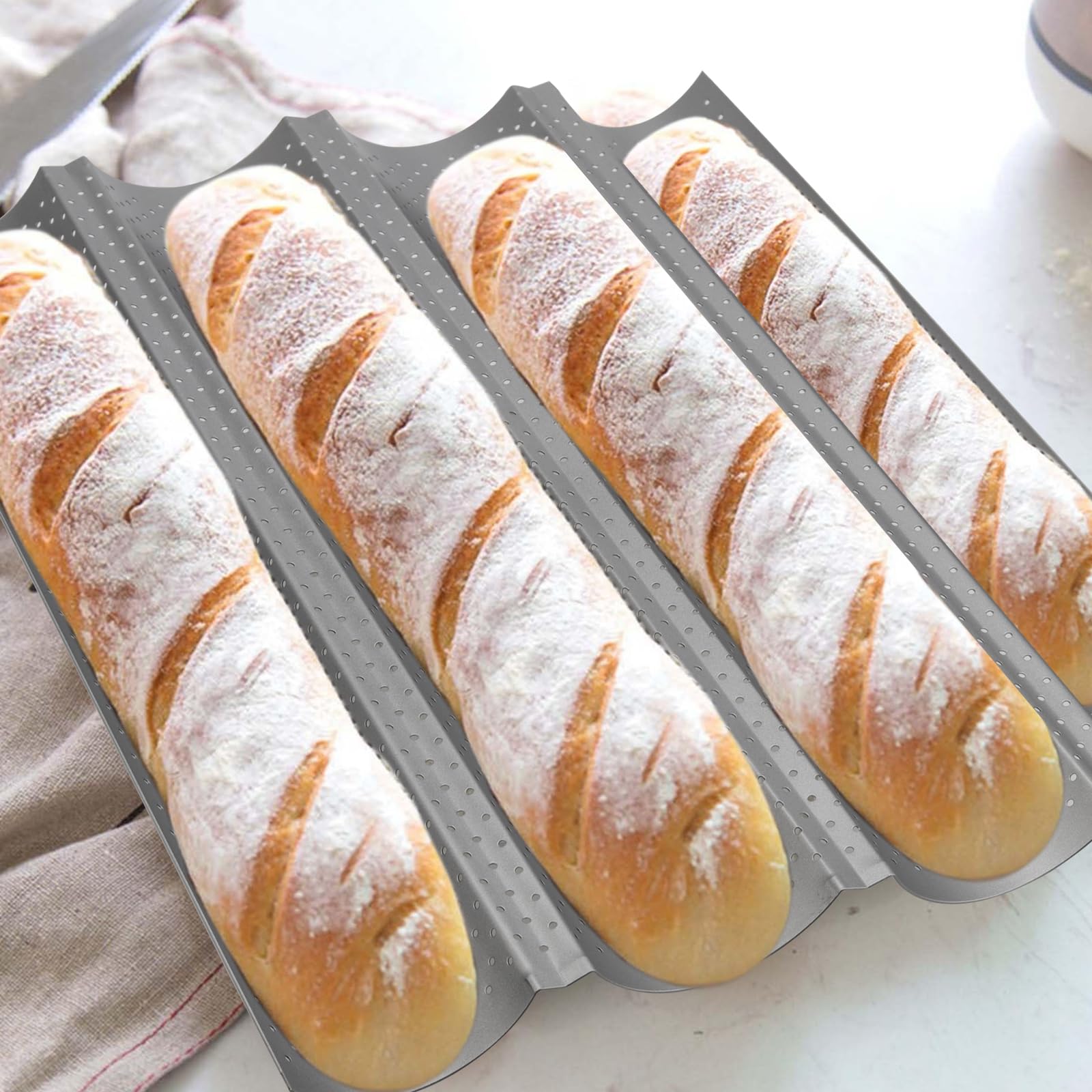 Lot de 2 Moule à Baguettes pour Four - Plaque à Pain Perforée Anti-Adhésif - 38 x 33 x 2,4 cm - Pour Baguettes, Pain Français, Pâtisserie