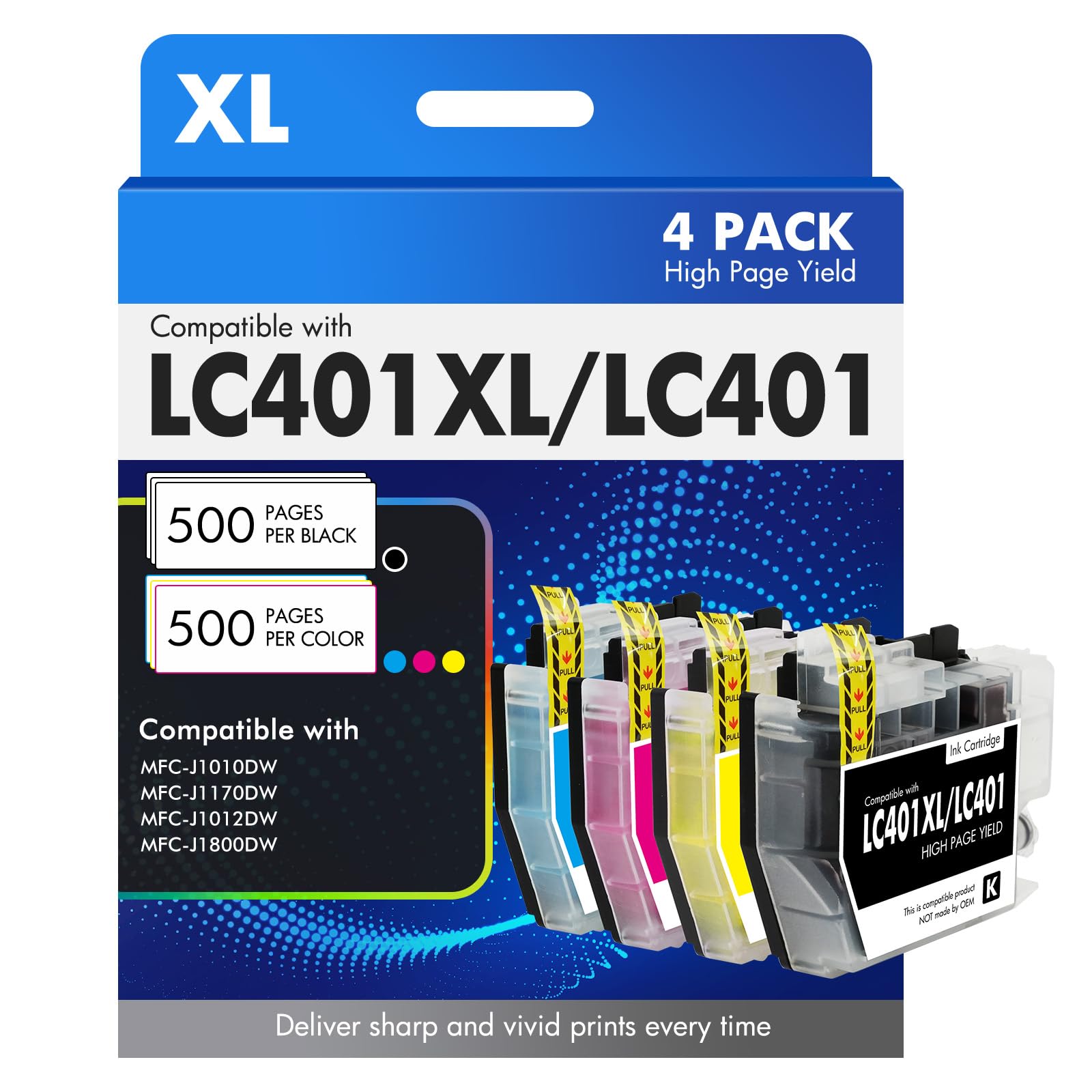 LC401XL LC401 MFC-J1010DW Ink Cartridges for Brother Printer LC 401 401XL for MFC-J1010DW MFC-J1170DW MFC-J1012DW MFC-J1800DW MFC J1010DW - 4 Pack High Yields Black Cyan Magenta Yellow