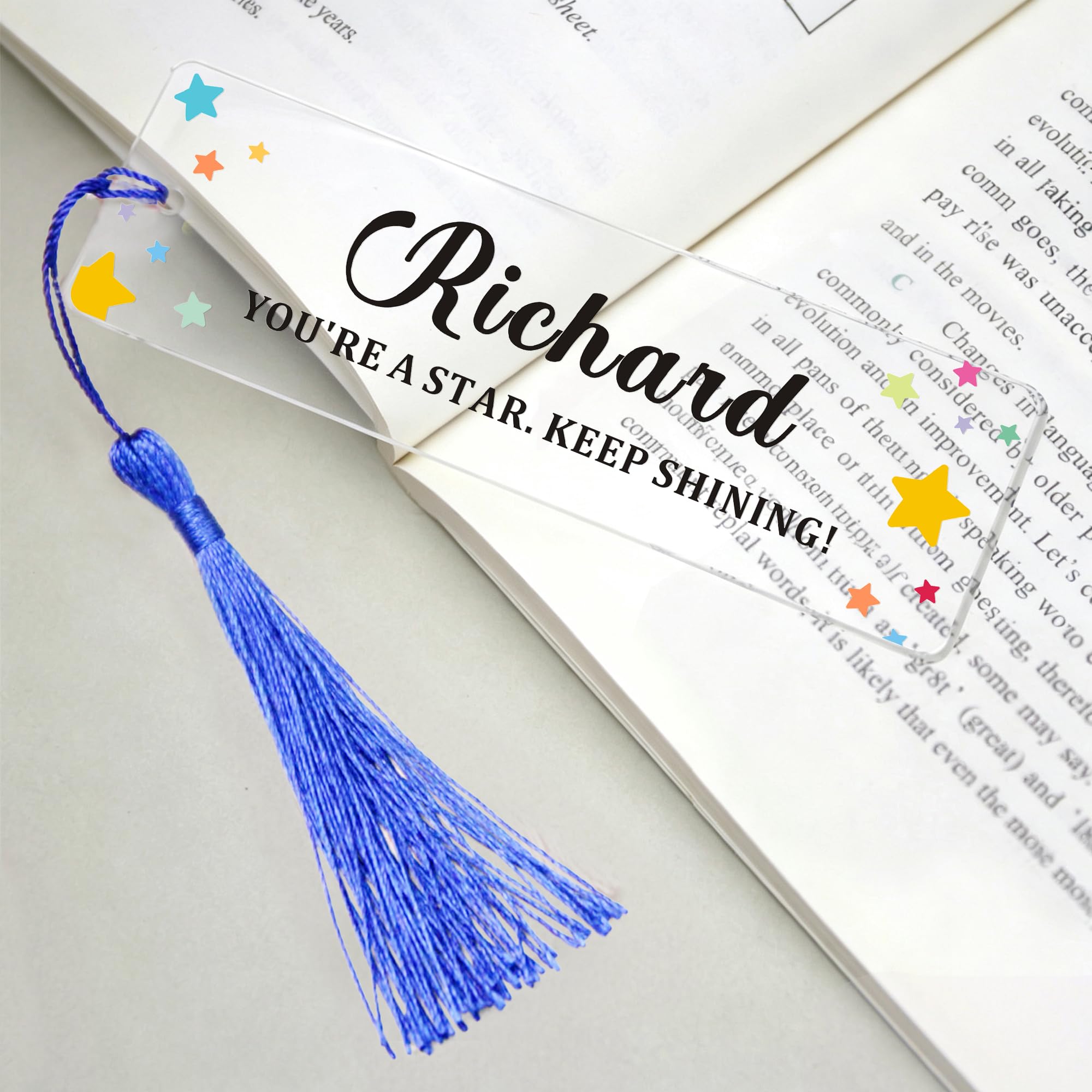 EDSG Personalised Bookmark Acrylic Bookmarks with Tassels, Custom Book Mark with Any Text, Bookmarks for Women Men, Book Lover Gifts for Teacher Student Bookworms Birthday Christmas (Blue)