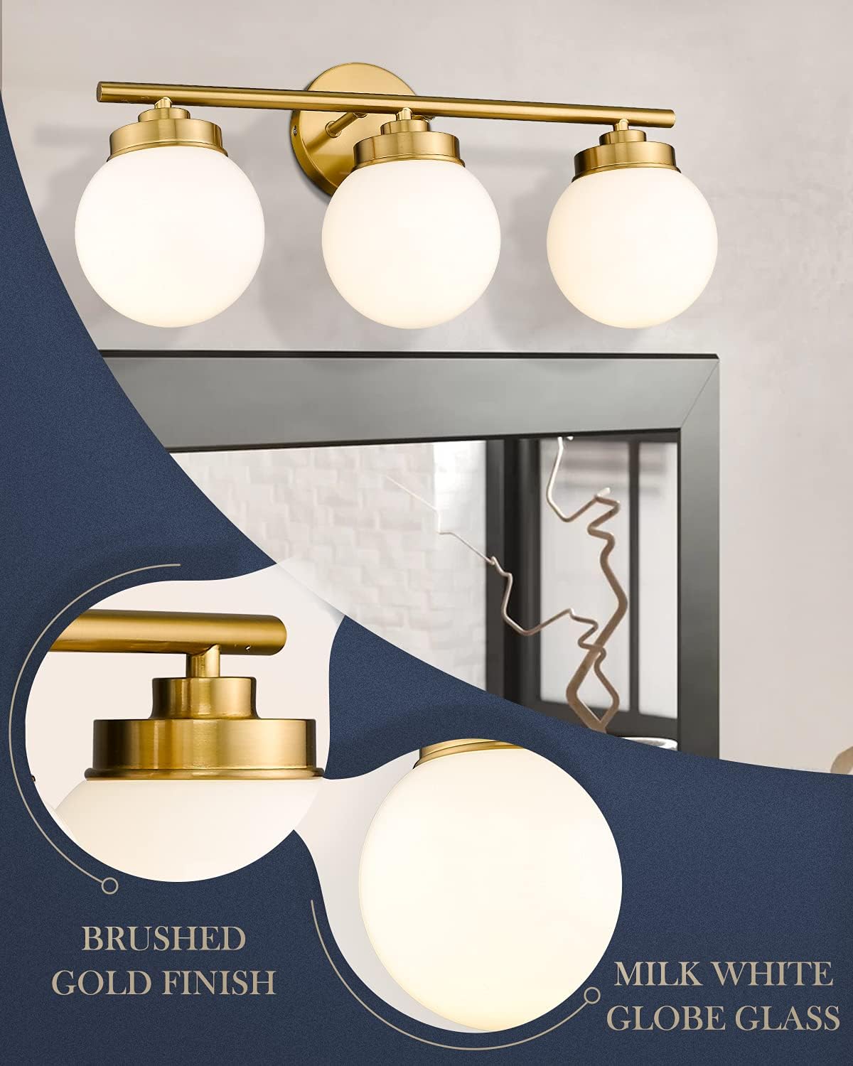LMS Gold Bathroom Light Fixtures, 3 Light Globe Bathroom Vanity Lights with White Glass Shade, LMS-098
