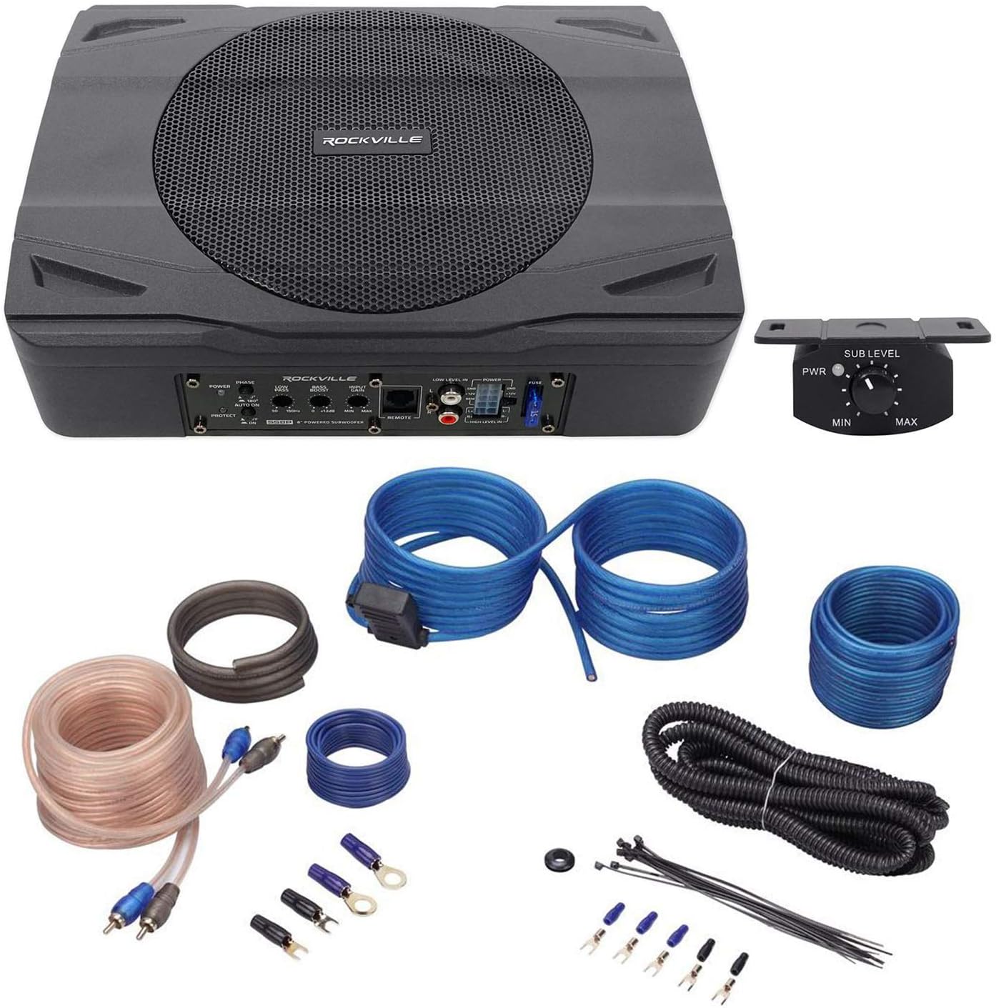 SS8P Bundle: 400-Watt 8 in Slim Under-Seat Active Powered Car/Truck Subwoofer, RWK10 10 Gauge Amp Installation Kit with ANL Fuse Holder and 100% Copper RCA Cable, 2-Items