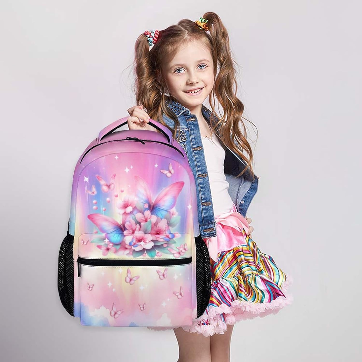 Kids Backpack for Girls, Butterfly Bookbag for Kids, 17 Inch Pink Butterfly Schoolbag for Preschool Kindergarten Primary, Lightweight Backpack for School Travel
