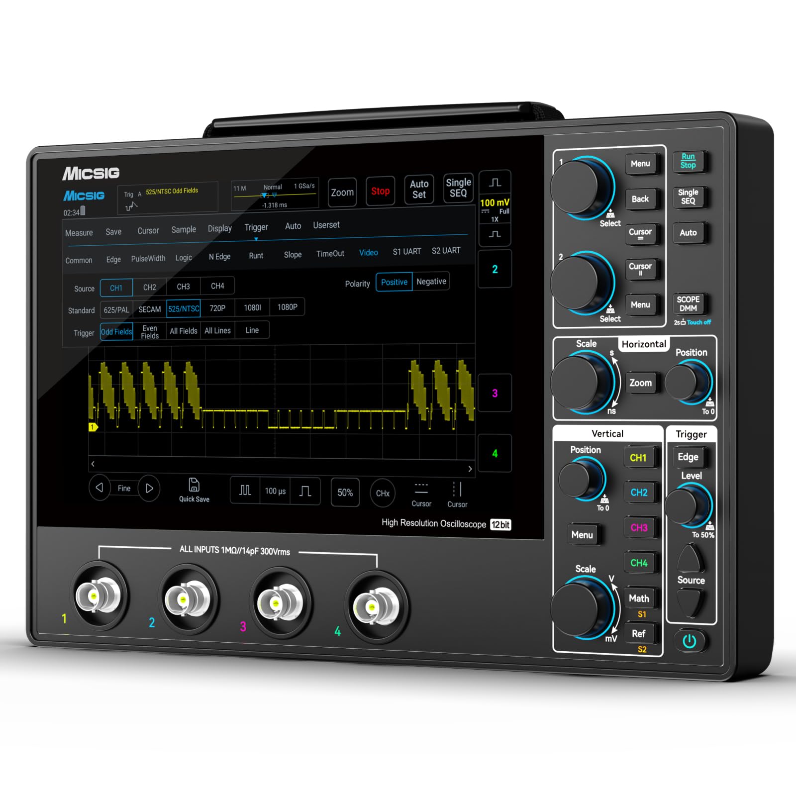 SainSmart Micsig 12-Bit Tablet-Oszilloskop MHO1, 100 MHz Bandbreite | Tragbares Handheld-Oszilloskop mit 4 Analogkanälen, 1 GSa/s Abtastrate, 8-Zoll-HD-Touchscreen und 16000-mAh-Akku