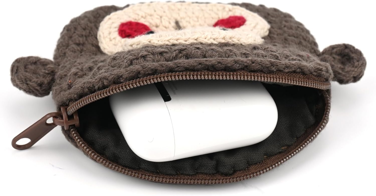 Crochet Earbuds Storage Bag Handmade Knit Purse Protective Case for AirPods (Monkey)