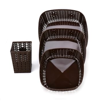 Plastic Storage Basket Box Organizer for Jars, Bottle, Fruits, Vegetable, Utensils -Set of 4 Pieces (Size - 28 X 26 X 10 cm, Color - Brown)