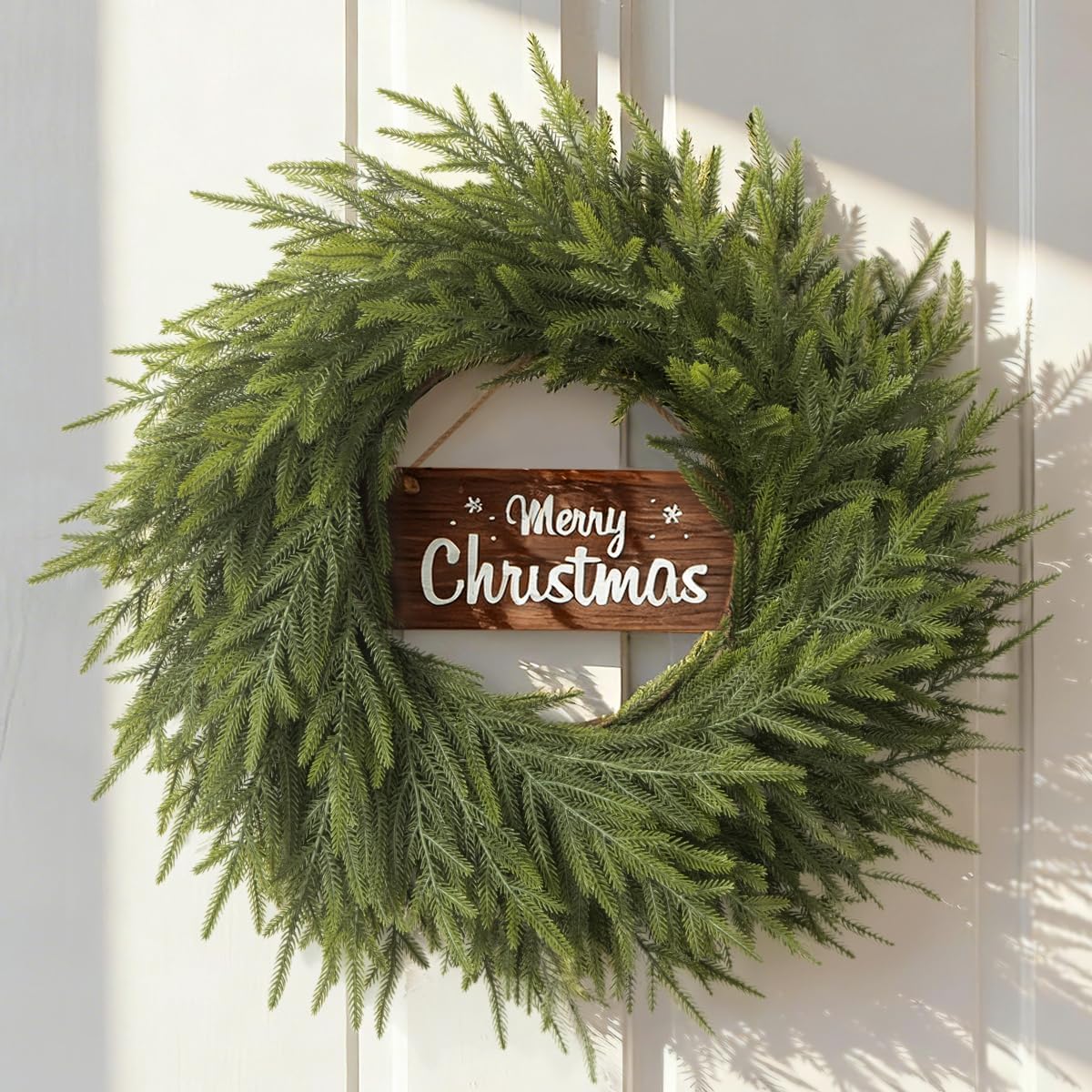 24 Inch Real Touch Christmas Wreath for Front Door: Norfolk Pine Wreath with Welcome Wooden Sign - Large Artificial Green Wreath for Outdoor Indoor Wall Porch Windows Fireplace Decor