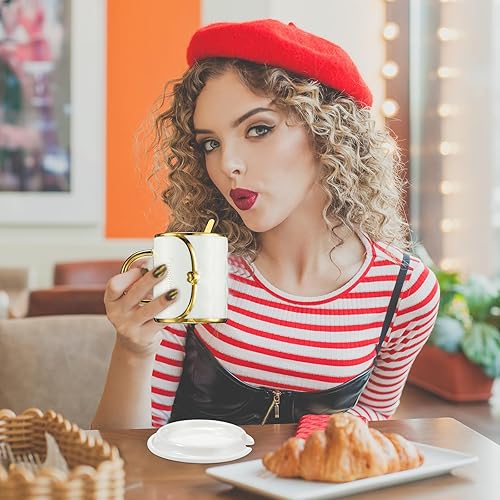 Miniatura 5 de Juego de 4 tazas de café con forma de bolso de té de cerámica con cuchara platillo de 10 onzas10.5 fl oz monedero taza de regalo para oficina,