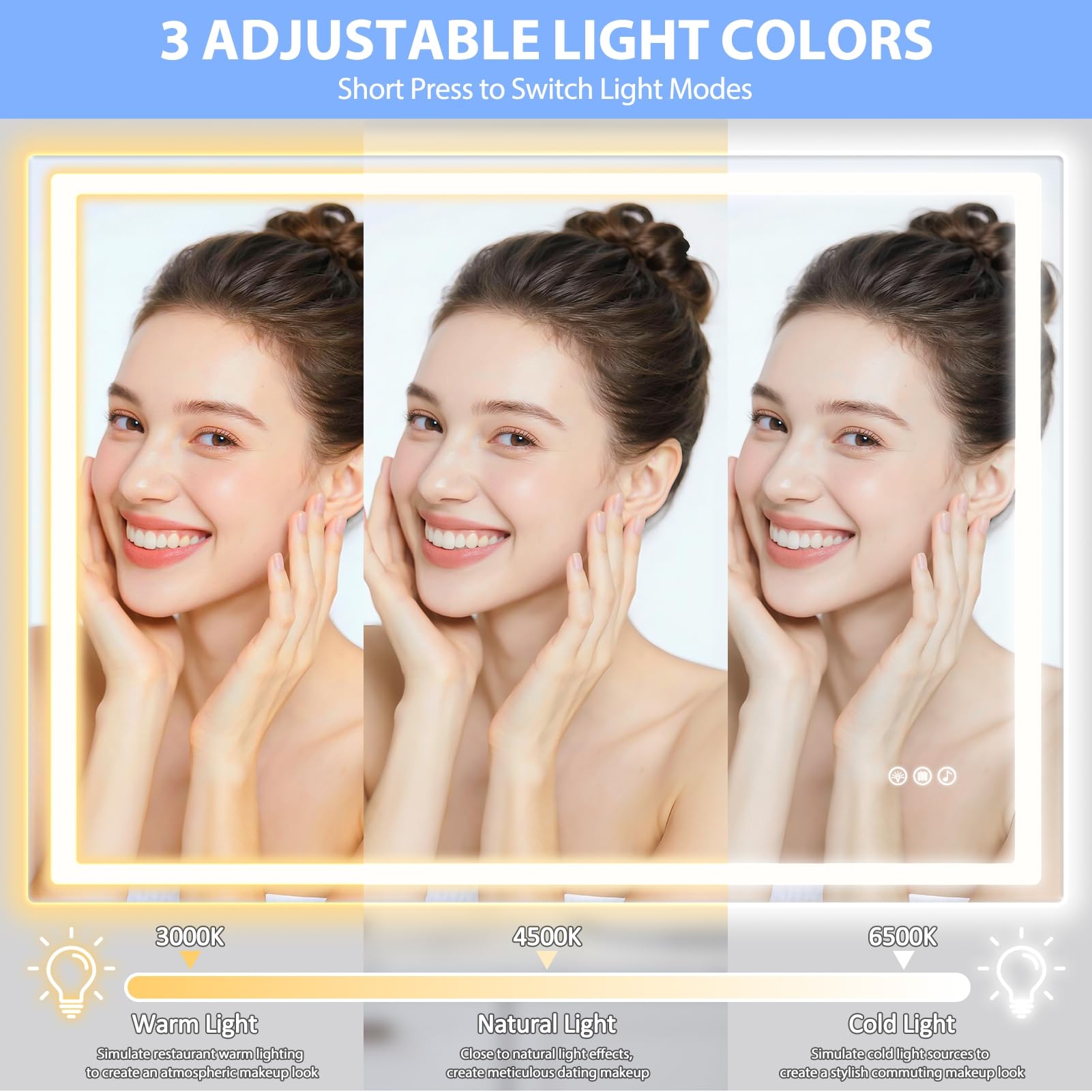 Miroir LED Salle de Bain 100x80 cm, Antibué, Haut-Parleurs Intégrés, Éclairage 3 Températures avec Toucher Sensible, Mémoire d’Éclairage – Mural pour Toilette B