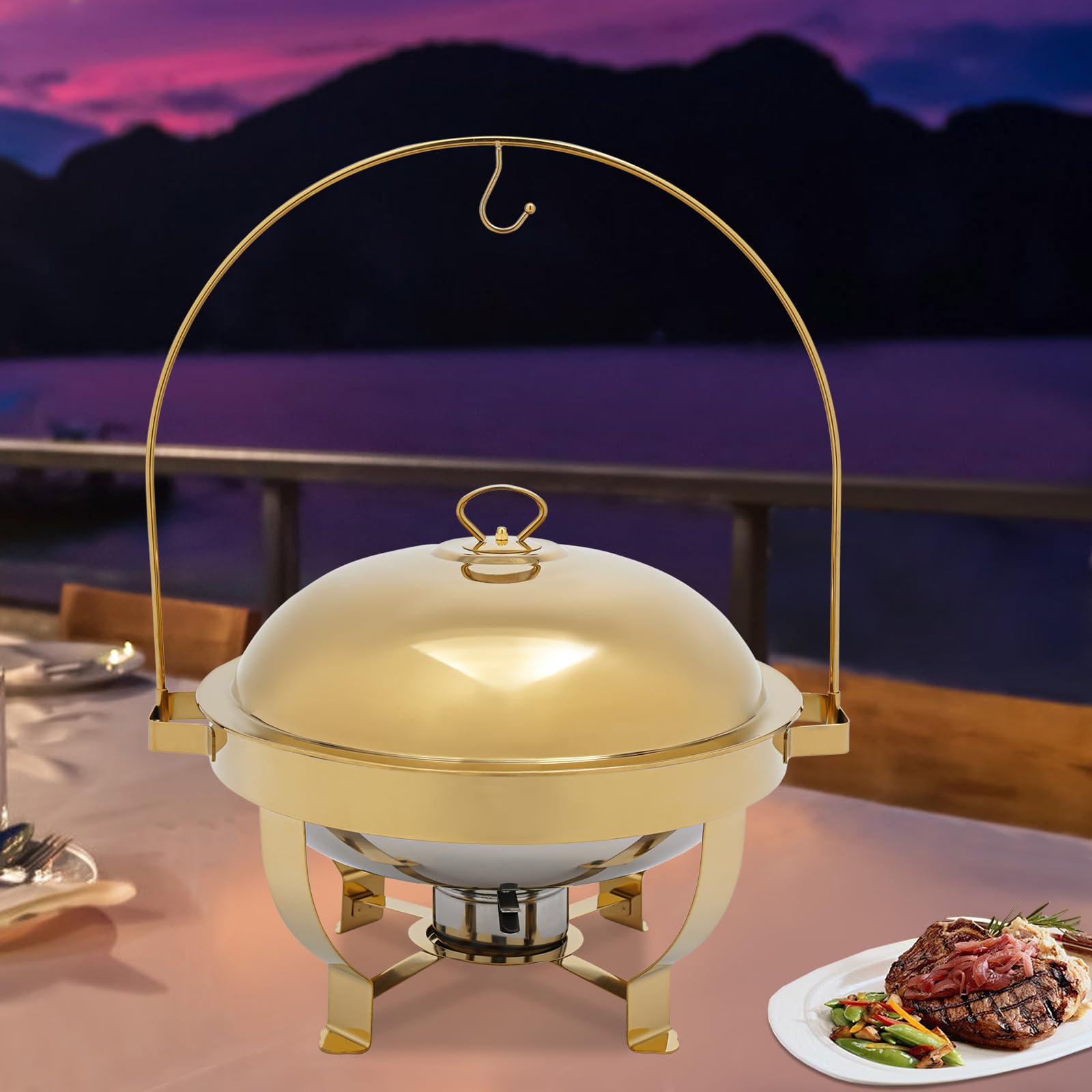 8L Gold Round Calentadores de Comida para Buffet Acero Inoxidable Chafing Dish para Hoteles, Cafeterías, Restaurantes, Reuniones Familiares, Banquetes, Bodas, Fiestas