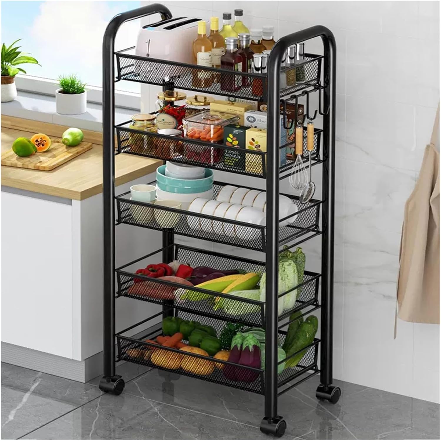 4Tier Utility Mesh Basket Cart with Handle,Metal Storage