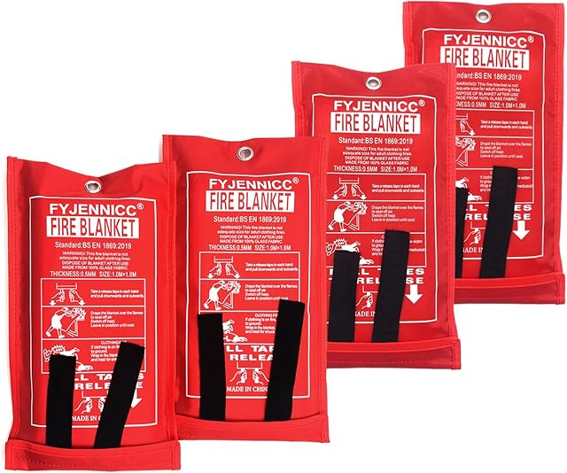 FYJENNICC Fiberglass Fire Blanket with Flame-retardant cotton tapes,39.3×39.3 Inches, 4Pack