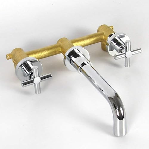 Vista 17 de Grifo de baño de latón cepillado para montaje en pared, dos asas cruzadas y válvula áspera incluida, SUMERAIN Oro cepillado