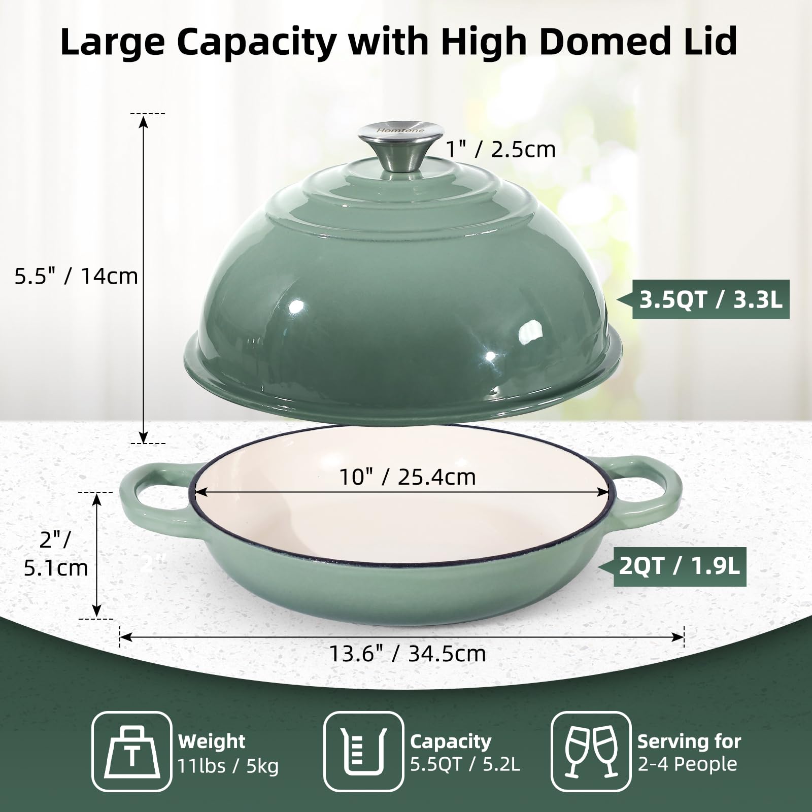 Homtone Horno holandés de hierro fundido esmaltado de 5,2 L/26 cm para pan de masa madre, olla holandesa con tapa abovedada, olla de pan de hierro fundido (verde polvoriento, estándar)