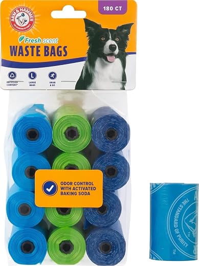 Arm & Hammer Easy-Tear Disposable Dog Poop Bag Refills, Fresh Scent Odor Control, Assorted Colors, 180 Dog Poop Bags 7 x 6.5 Inches