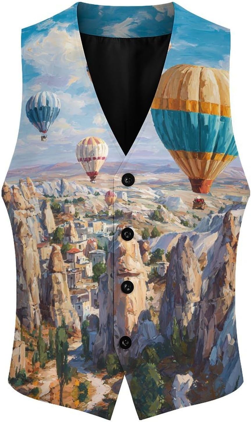 Hot Air Balloons Cappadocia Turkey Men Formal Suit Vest V-Neck Button Waistcoat for Business Wedding