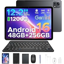 2026 Upgraded 12.2 inch Tablet, Android 16 Tablet with Gemini AI, 2.4K 120Hz Display, 48GB RAM+256GB ROM, Unisoc T7300 Octa-Core, 12000mAh/18W, 13MP+8MP, Widevine L1, Tablet with Keyboard, Pen, Black