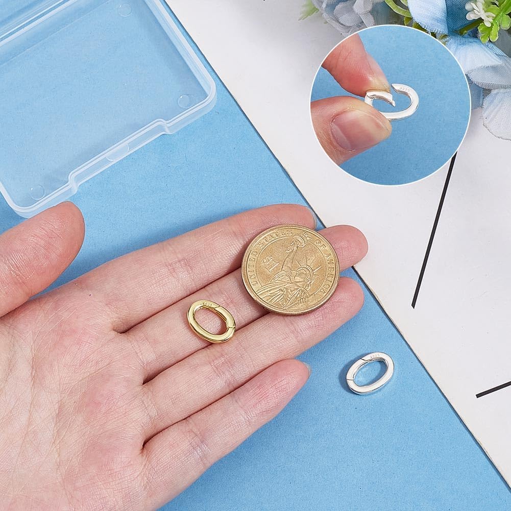 PH PandaHall 2pcs 925 Sterling Silver Clasps Spring Gate Ring 14x10mm Golden Silver Necklace Shortener Clasps Oval Spring Clasp Connector Extender Finding for Necklace Bracelet Keychain Jewelry Making