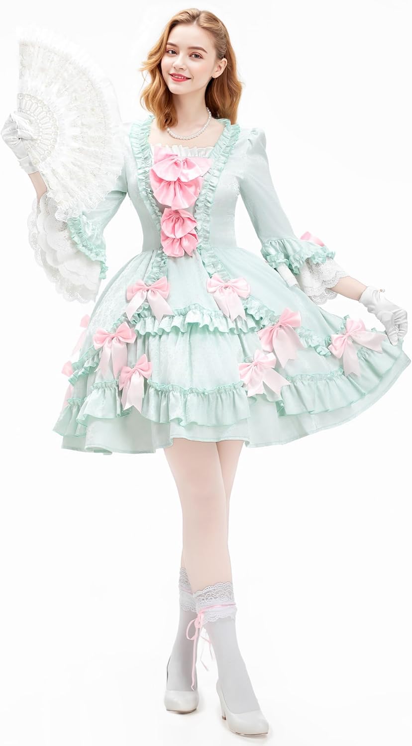Medieval Renaissance Dress Pompadour Mint Green Mini Dress Satin Rococo Vintage Dress with Pink Bow - Image 3