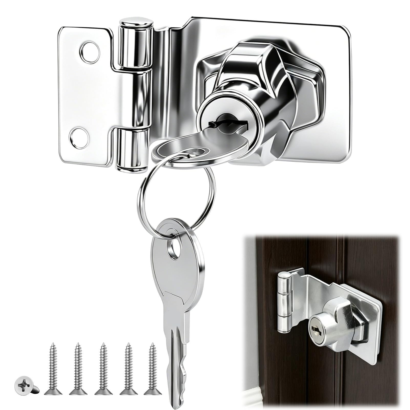 Keyed Hasp Lock Right Angle 90 Degrees Door Latch Hasp and Staple with Padlock Heavy Duty Metal Shed Door Locks Twist Knob Keyed Locking Hasp for Bedroom Cupboard Gate Cabinet Drawer Silver