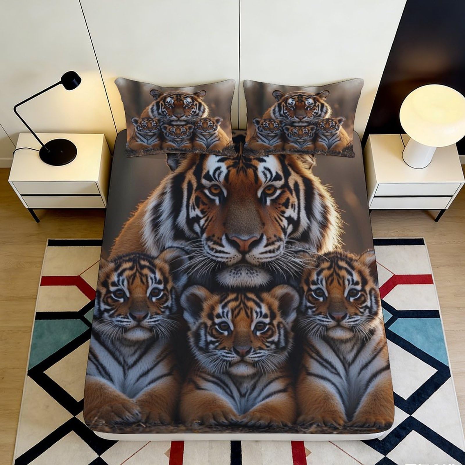 3D Printed Tiger Family Fitted Sheet Microfiber Soft Breathable Wild Animal Mattress Cover for Bedroom Guest Room Decor 90x200x25cm