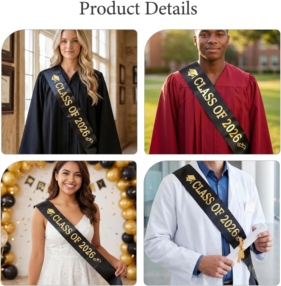 DOITOOL Graduation Sash Class of 2026 Stole Black Satin Graduation Stole with Gold Glitter Letter for Senior College High School Grad Party Decorations