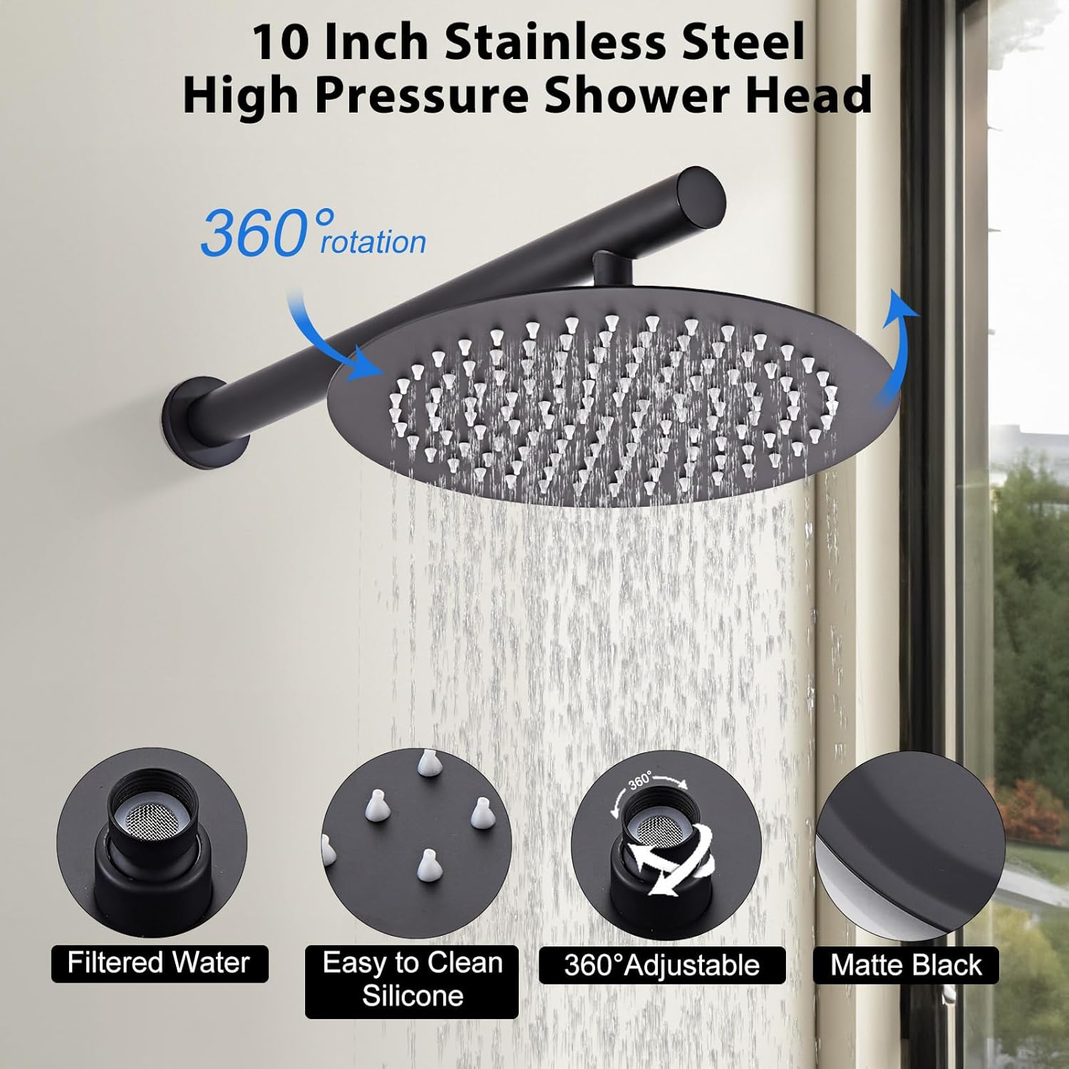 HUCKLE Black Shower Heads with Handheld Spray Combo, 10-Inch Round Rainfall Shower Head with Shower Valve, Filtered Stainless Steel Shower Head Trim Kit Shower System Faucet Set with Shower Hose - Image 3