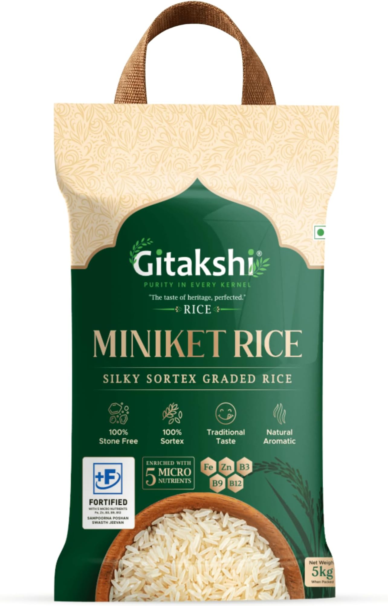 Premium Miniket Rice 5 kg | Silky Long Grain Sortex Graded Rice | Fortified with Iron, Folic Acid, Vitamin B12 & Zinc | Natural Aromatic Rice for Daily Meals & Home Cooking