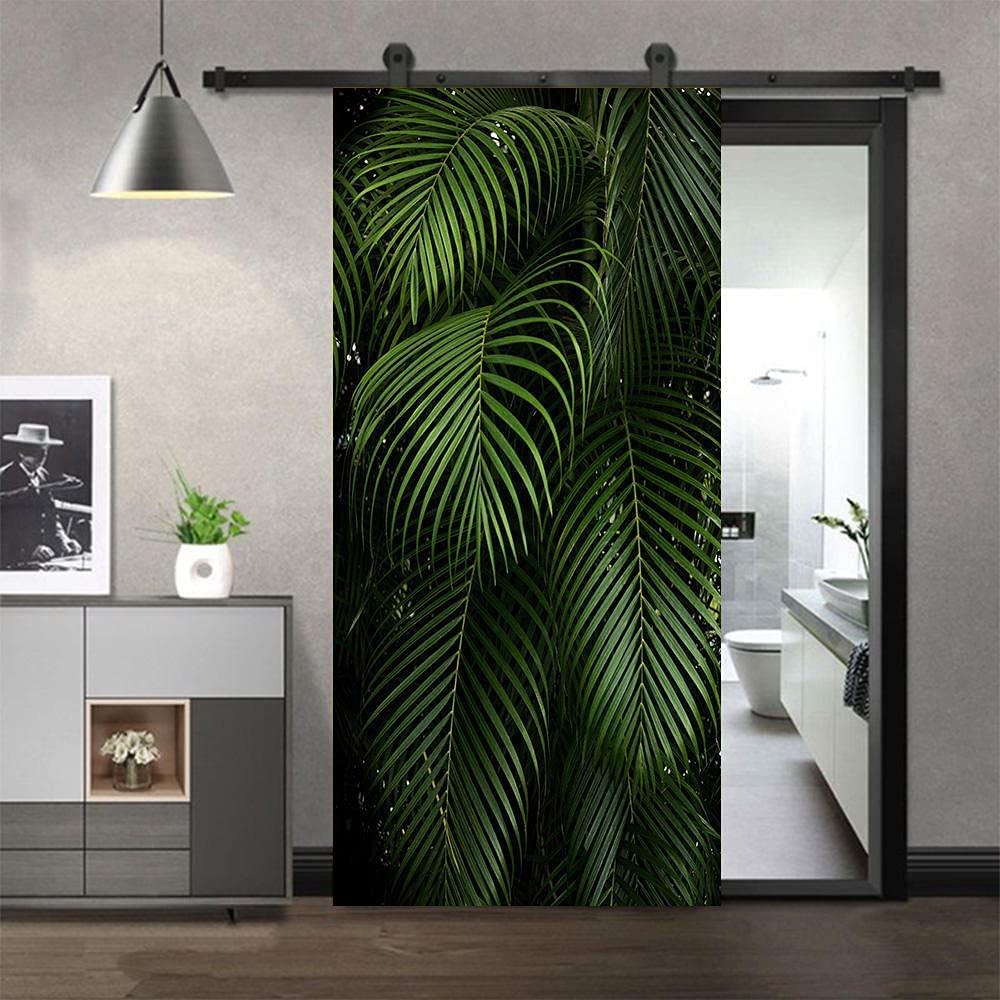 3D Door Murals Tropical Plant Green Leaves Self-Adhesive Door Stickers Posters Wallpapers Art Wall Stickers Photo 77 X 200 Cm PVC Removable Door Decoration for Living Room Bedroom Bathroom Kitchen of