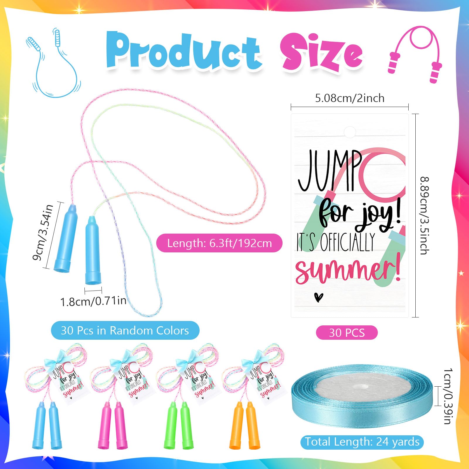VioraWhite 30 Sets zum Jahresende inklusive 30 Regenbogen-Springseilen, 30 Geschenkkarten mit 1 Rolle blauem Band, 1,9 m, buntes verstellbares Springseil-Set für Preise, Sommerparty,