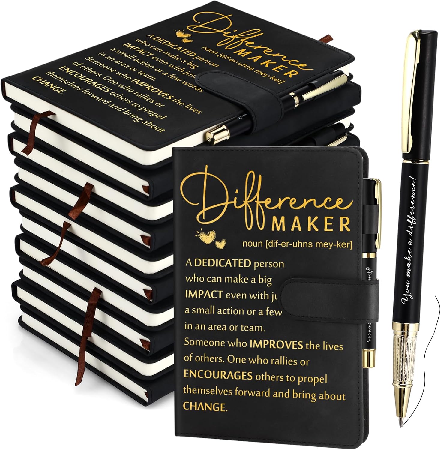 Kosiz 20 Pcs/10 Sets Employee Appreciation Gifts Bulk A5 Leather Notebook and Pen Inspirational Journal Pens for Corporate Coworker Staff Social Worker Team Gifts(Black,Difference Maker)