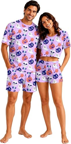 Halloween Couples Pajamas Fall Ghost Short Sleeve Tops Matching Shorts