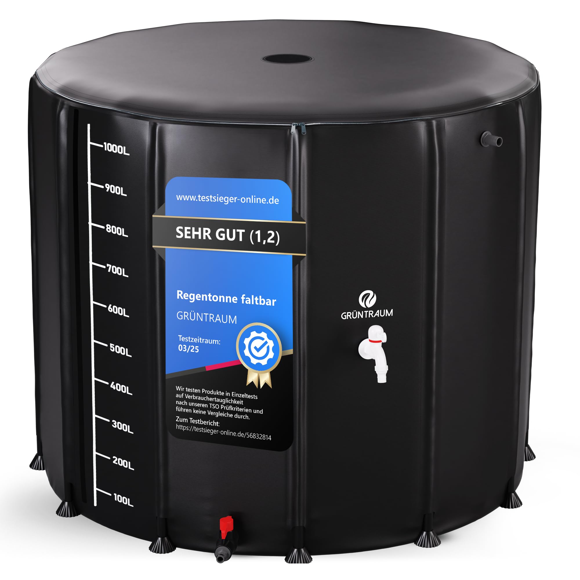 GRÜNTRAUM Foldable Rain Barrel 1000L XXL - Large Rain Barrel / Rainwater Barrel / Water Tank Foldable - Water Barrel Stable - Weather Resistant - with Level Indicator & Air Wing System (Black)