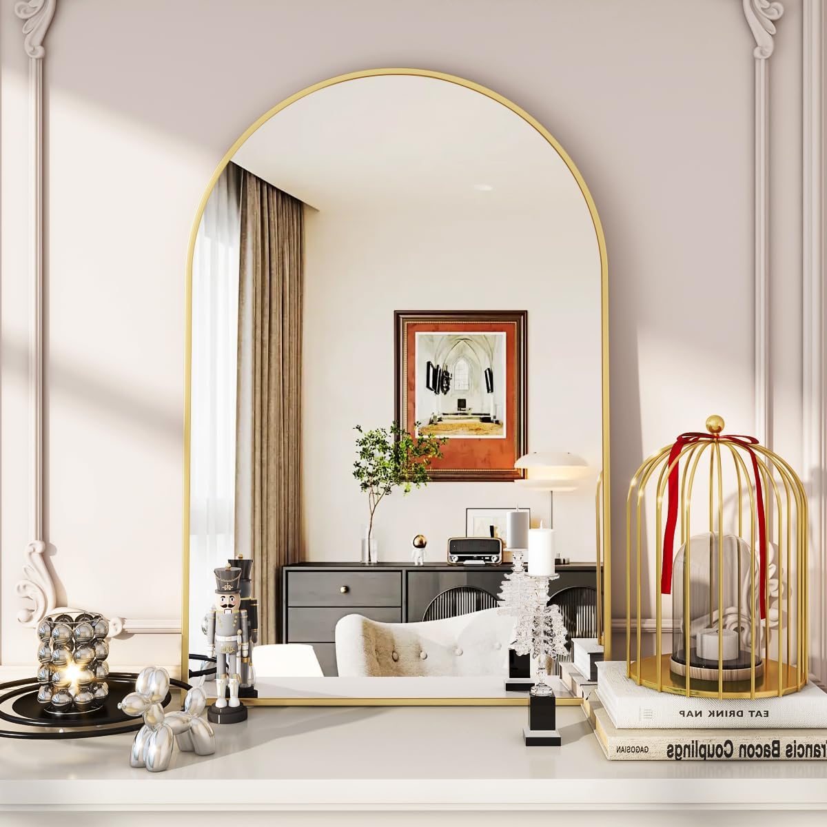 VooBang Arched Wall Mirror, 24 x 36 inch Arch Bathroom Mirror, Wall Mounted Vanity Mirror with Arch Metal Frame, Modern Bathroom Vanity Mirror for Bedroom, Living Room, Hanging or Leaning, Black