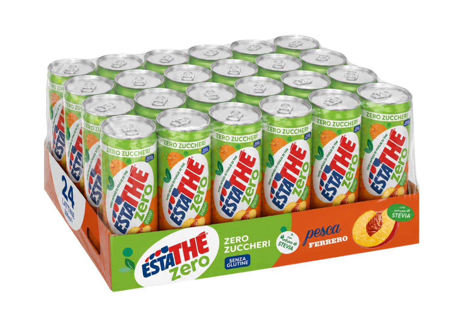 24X The Zero Zuccheri Pesca 330ml Lattina – Tè Freddo alla Pesca Senza Zuccheri con Infuso di Stevia – Confezione da 24 Lattine – Bevanda Fresca Analcolica Gluten Free per estathe