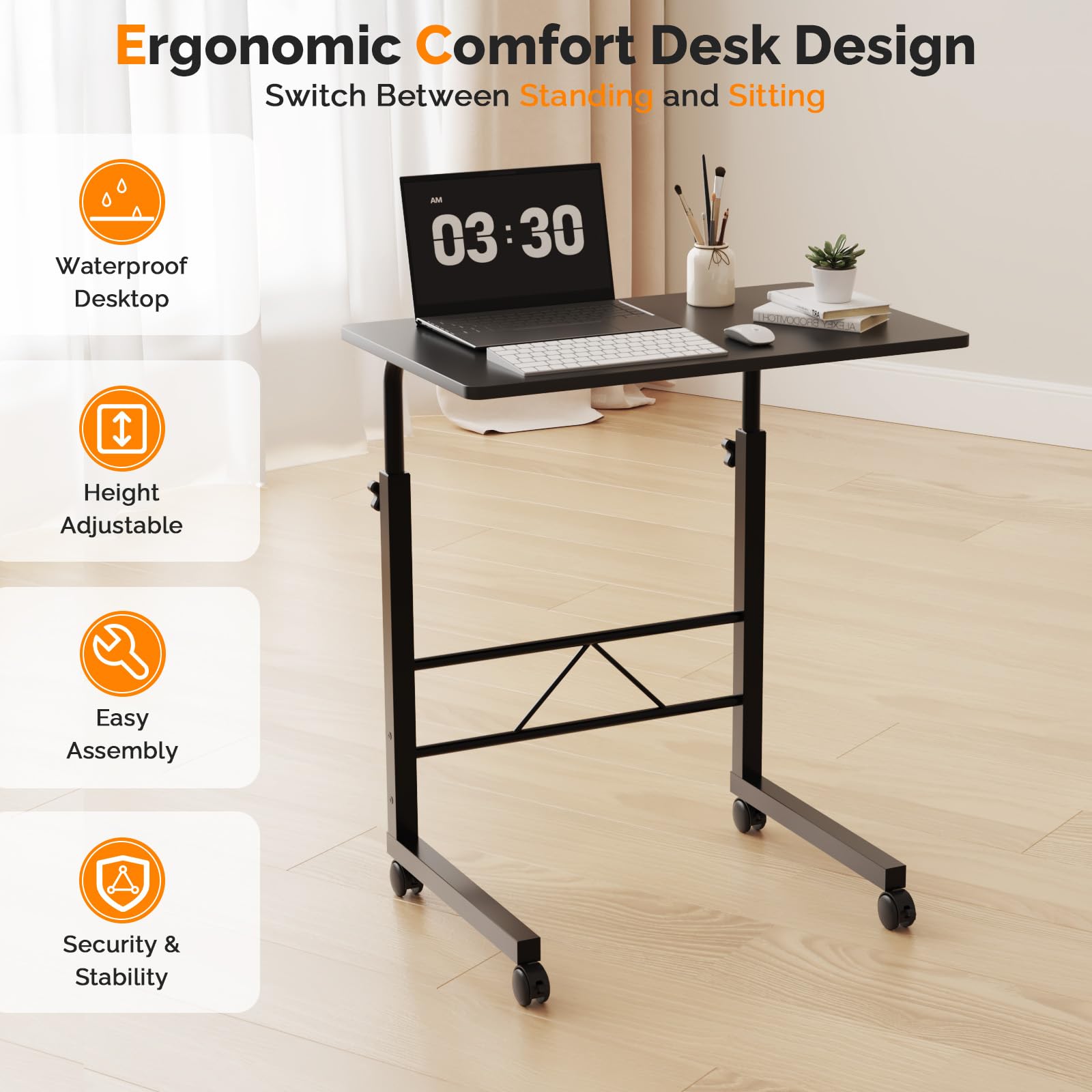 FCH Computer Workstation Standing Desk Adjustable Height Small Computer Desk w Rolling Sit Stand Laptop Desk TV Tray — view 7