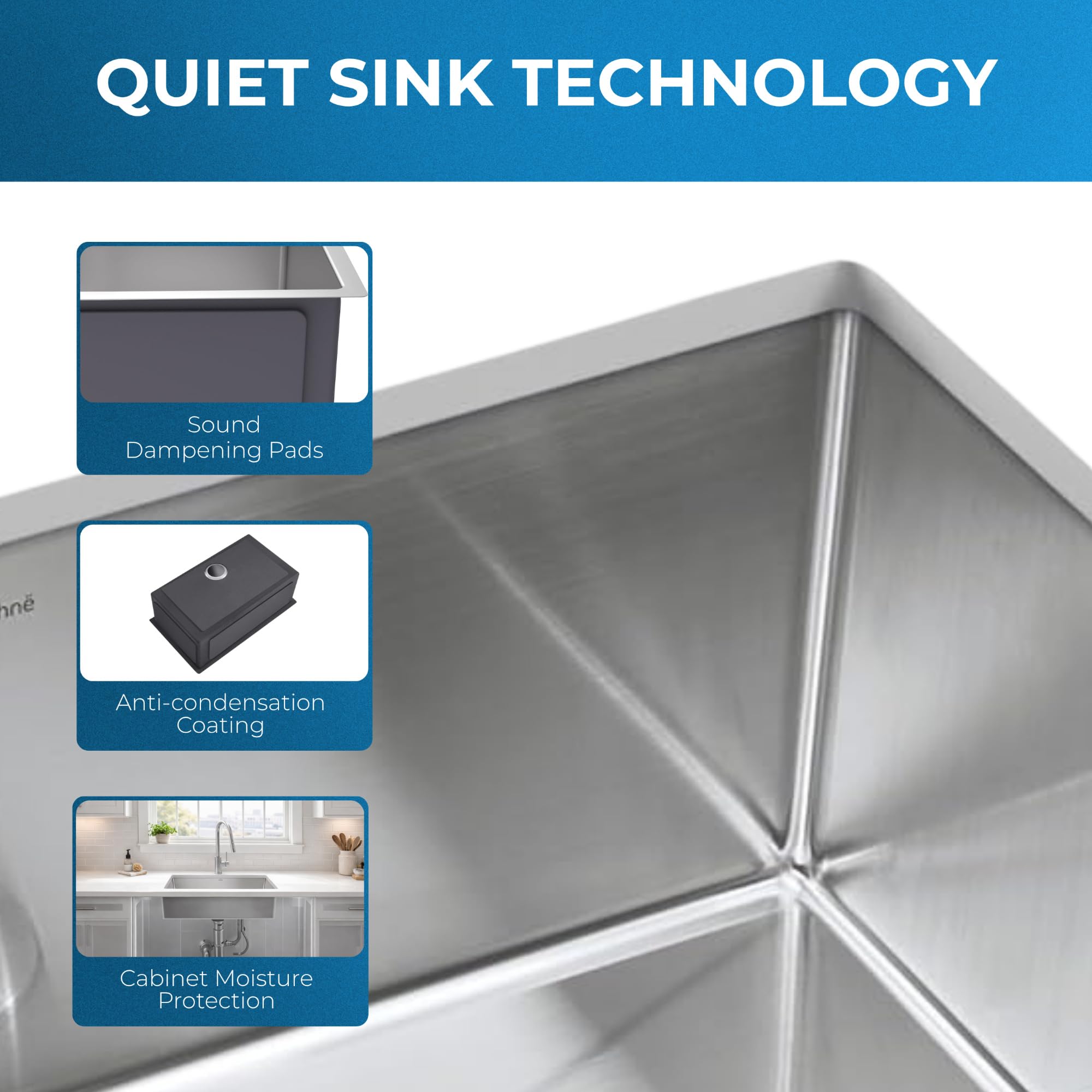 Zuhnë Modena 30 Undermount Kitchen Sink, 16 Gauge T304 18/10