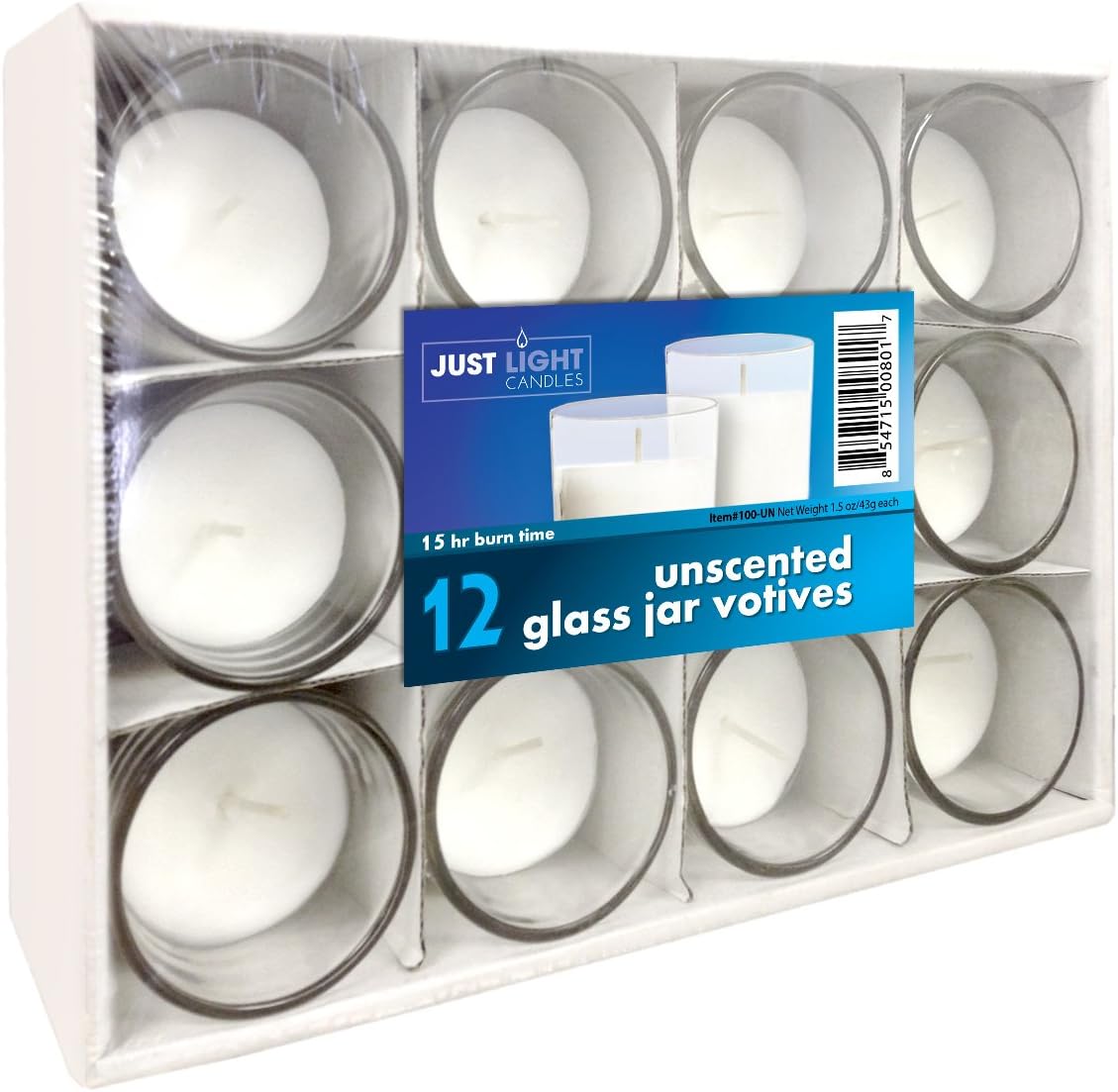Just Light Candles' 12 Wax Filled Clear Glass Unscented Votives, 15 Hour Burn Time - Premium Quality Made in USA - Use for Aromatherapy, Weddings, Dinner Parties, Spa (Pack of 12)