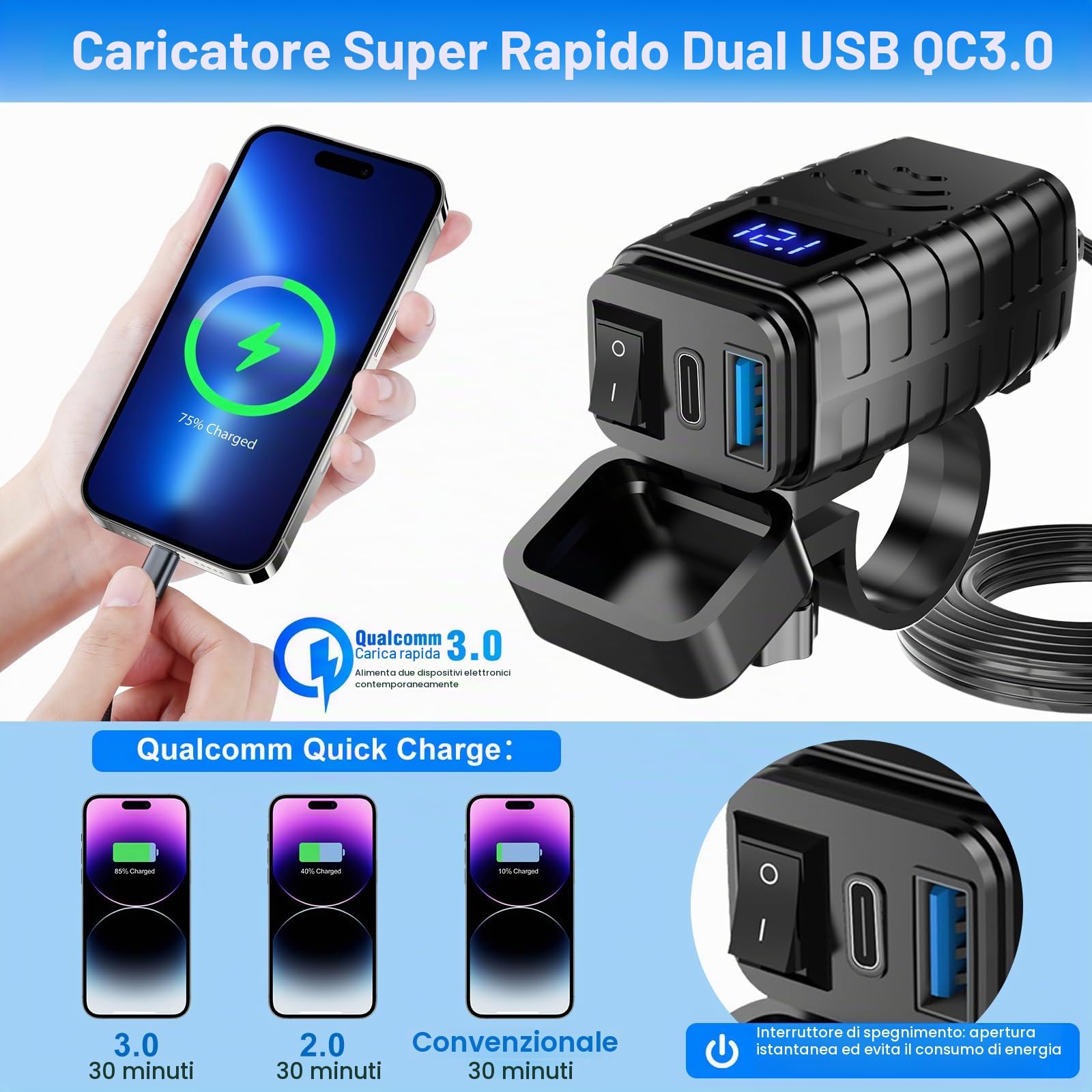 Presa usb 12V per Moto Impermeabile, Tipo C e Caricabatterie con Interruttore On/Off e Misuratore di Tensione LED, SAE Quick Charge 3.0 per Camper Moto 12V~24V (Tipo C + USB-A)
