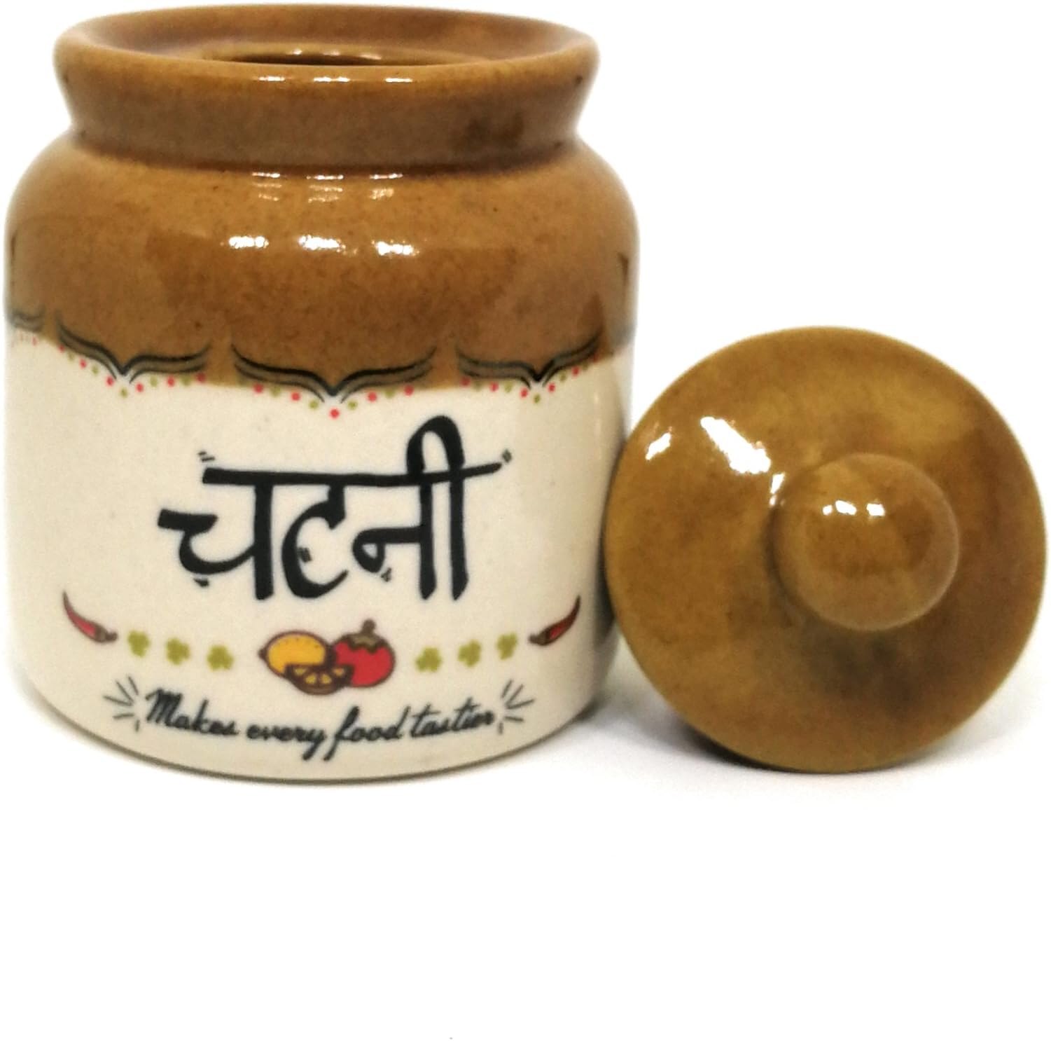 EK DO DHAI (DEVICE) Classic Chutney Stoneware Jar with Lid, 300ml, Multicolour (Chut Jar)