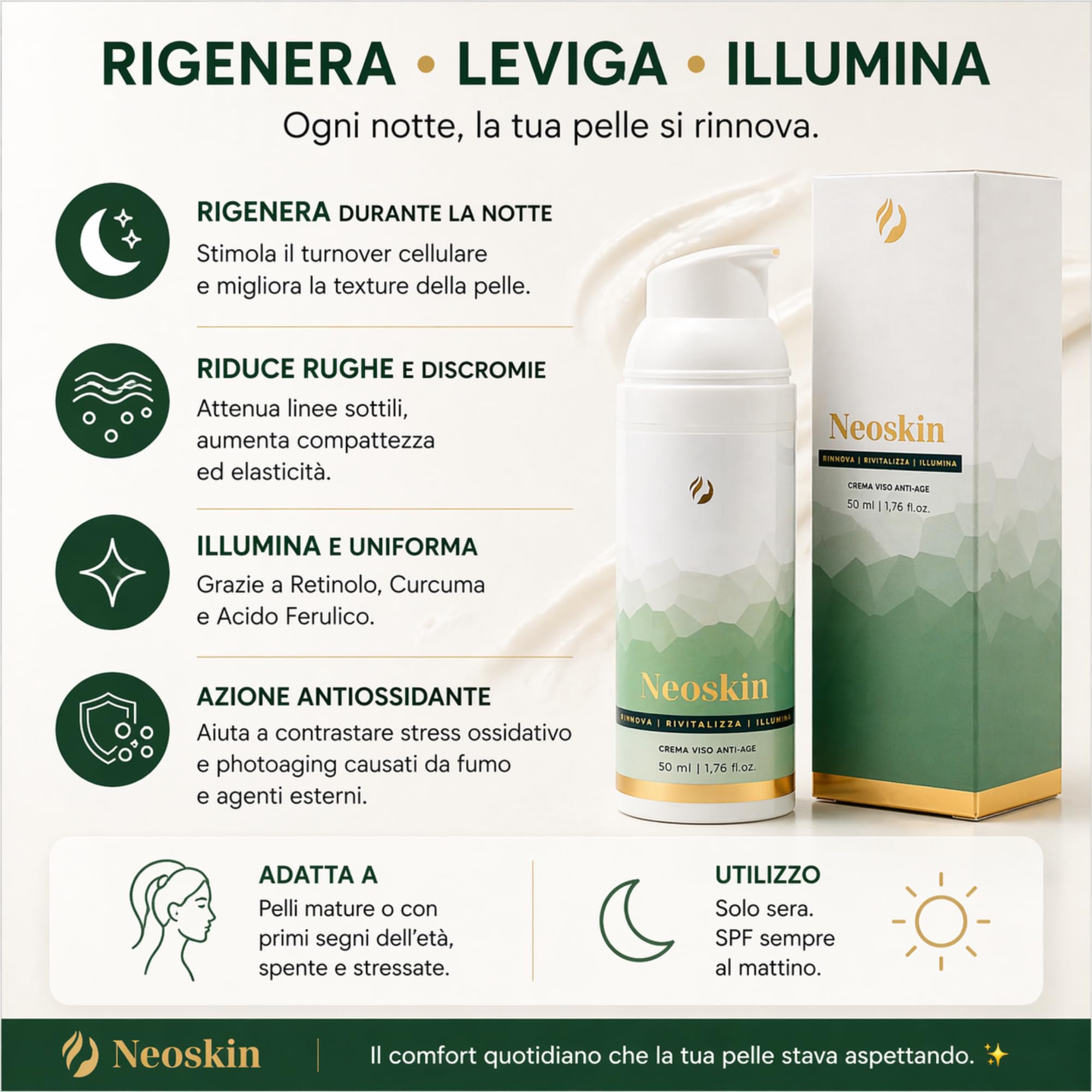 Neoskin | Crema Viso Retinolo Notte Anti-Age Rigenerante | Effetto Lifting per Pelli Spente e Mature | Con Acido Ferulico | 50ml