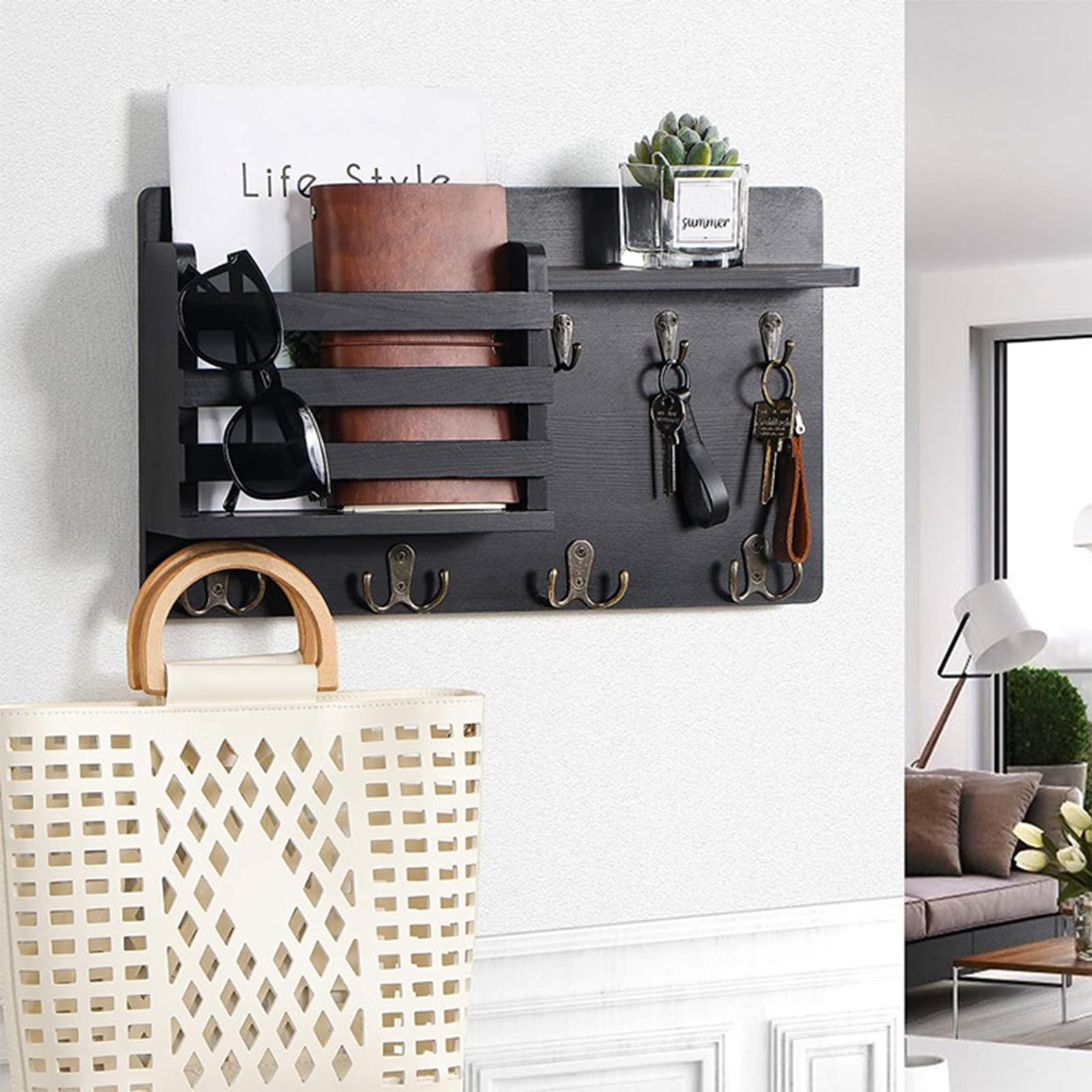 Sleutelhouder Voor Wanddecoratie Met 5 Sleutelhaken, Aan De Muur Gemonteerde Sleutelhangers Voor Aan De Muur Met Sleutelrek Aan De Muur Gemonteerde Houten Sleutelhanger Posthouder Met Plank