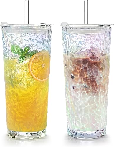 Miniatura 15 de Puraville Paquete de 2 vasos de vidrio de 18 onzas con tapas y pajitas, cristalería gruesa con patrón glaciar vintage para whisky, cóctel, cerveza,