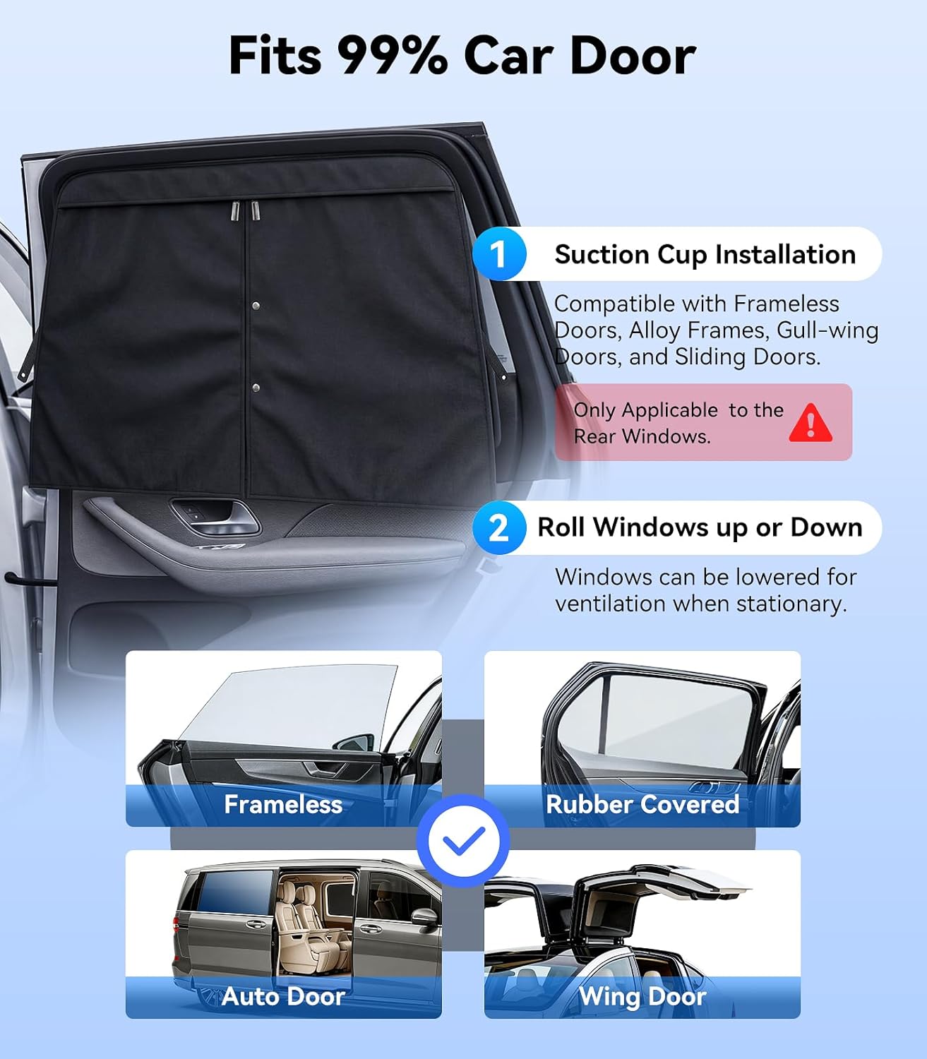 [2026 Upgraded] Car Window Shades for Baby [Ice Crystal Cooling Layer] (2 Pack) 99% UV-Blocker Protection Side Window Curtains Roll Windows Down Privacy Full Covers/Half Shade Options