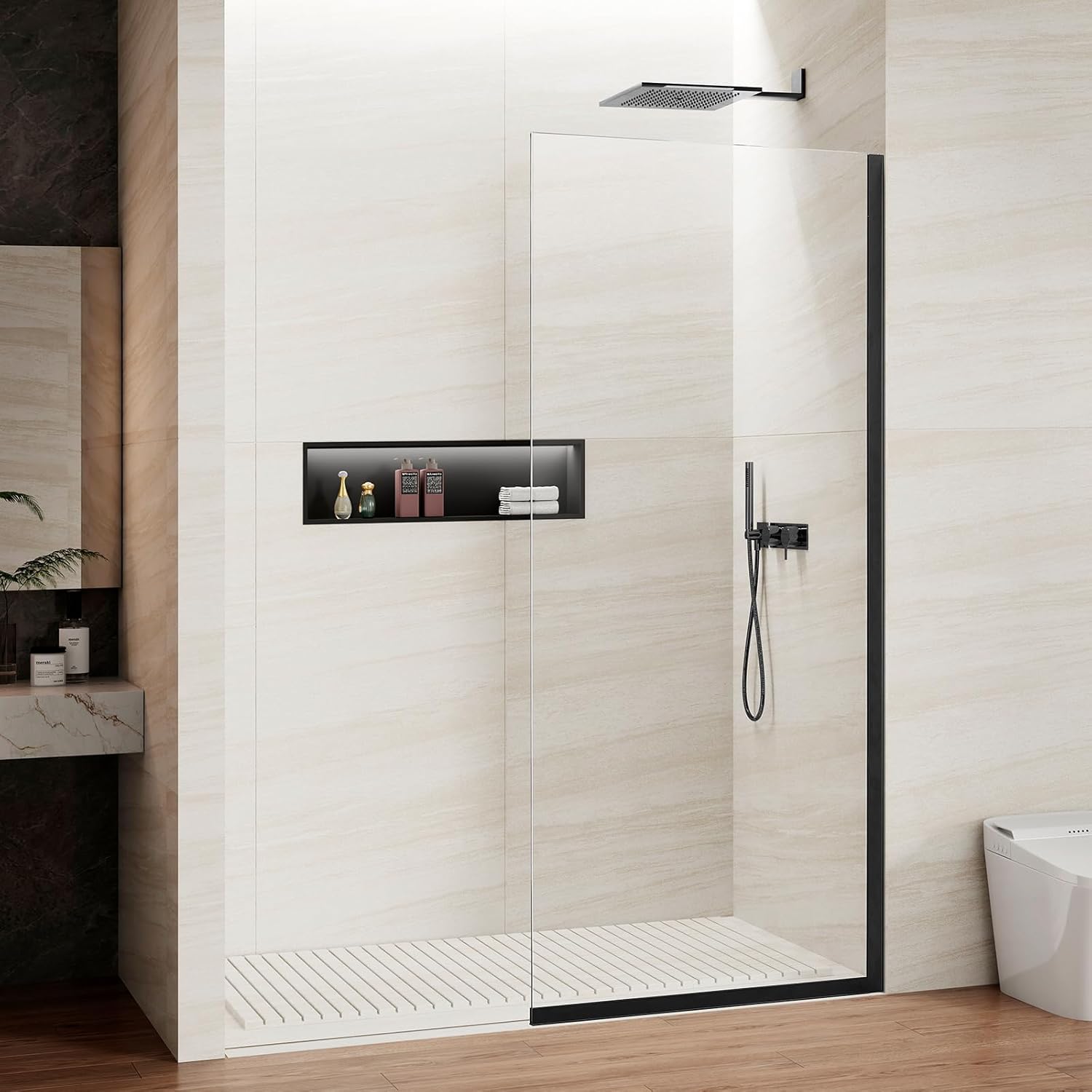 Shower Screen 34" x 74" Half Frameless Shower Wall Panel, Tempered Glass 3/8 inch, Easy to Clean Coating, Fixed Glass Shower Door with Hardware (Matte Black)