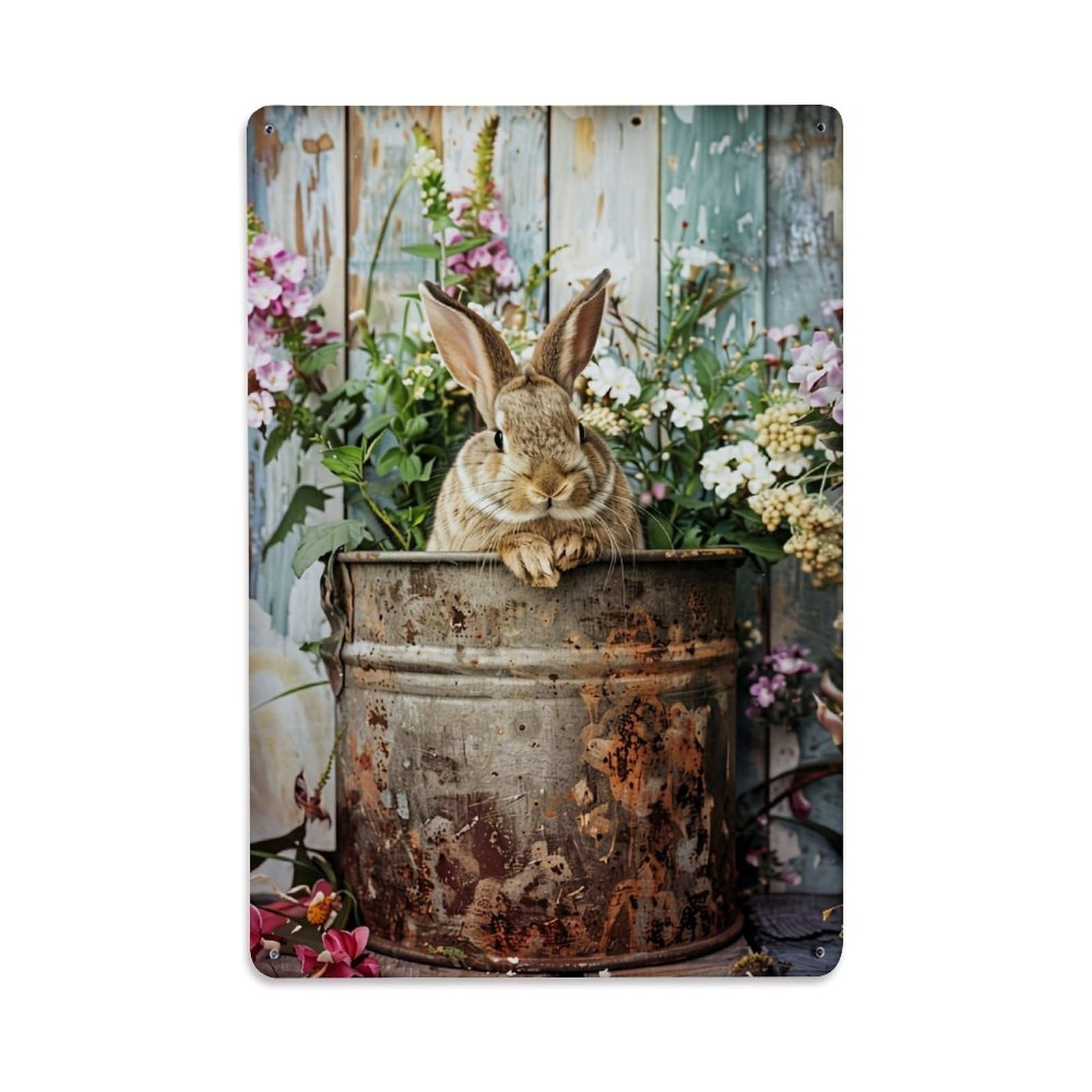 Jdfenggu Vintage Rustic Metal Bucket Floral Bunny Retro Metal Tin Sign, Decor Art Poster For Bar, Home, Man Cave, Kitchen, Laundry Room Gift 8X12inch