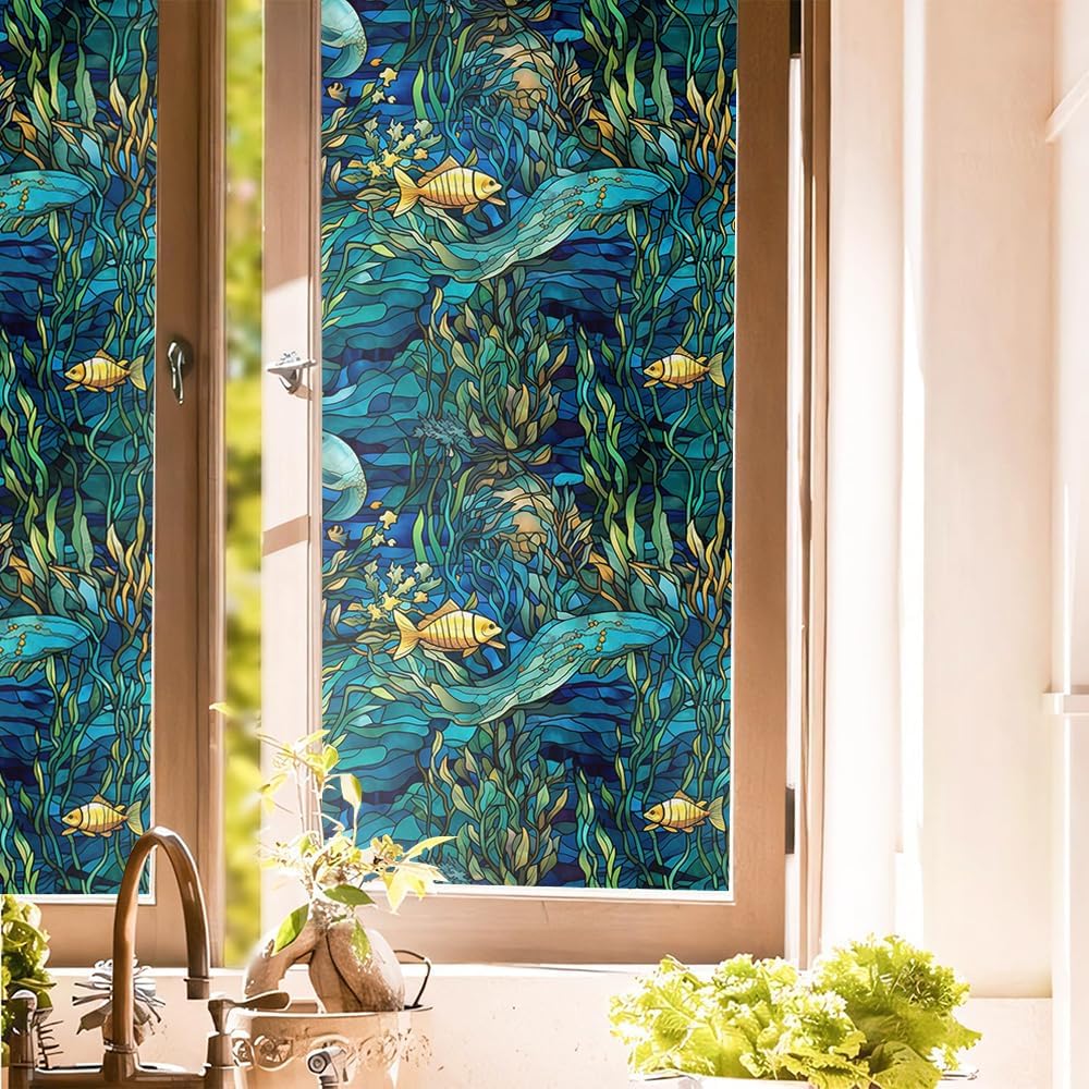16“x118 Blue Underwater Ocean Creative Double Side Window Films Art Decorative Privacy Tinting Film Self-Adhesive Static Glass Window Clings Stickers for Living Room Bathroom Glass Decor