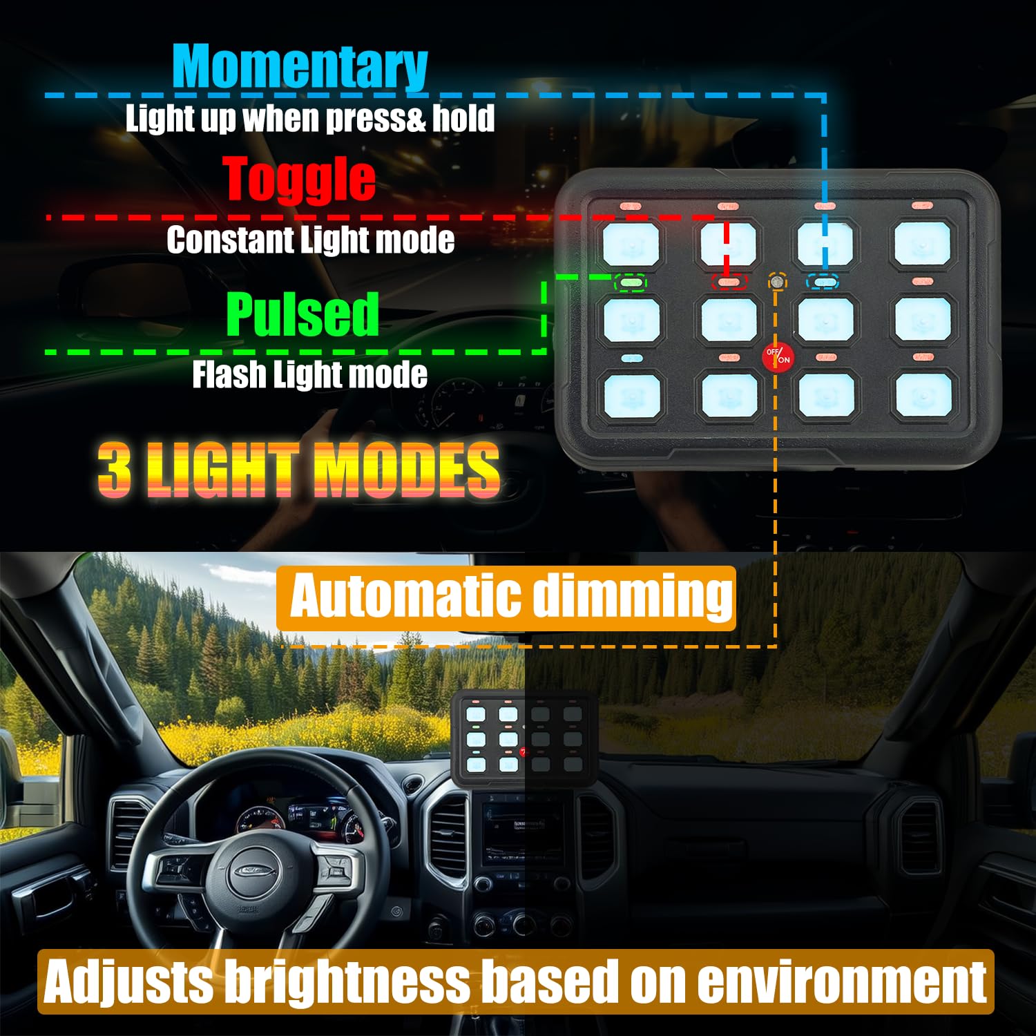 12 Button Switch Panel Auxiliary LED Light Control for Jeep SUV ATV UTV Offroad Auto Dimmable Toggle Momentary Pulsed 80A SSR Circuit Control IP65 12 Gang RGB Switch Panel