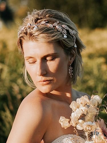 Miniatura 4 de SWEETV Diadema de hojas con diamantes de imitación para novias, Tiara de cristal con colgante de hada para boda, graduación, cumpleaños
