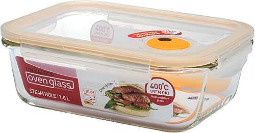 LOCK & LOCK Purely Better - Recipiente de vidrio para almacenamiento de alimentos con tapa de ventilación de vapor, rectangular, 34 onzas,